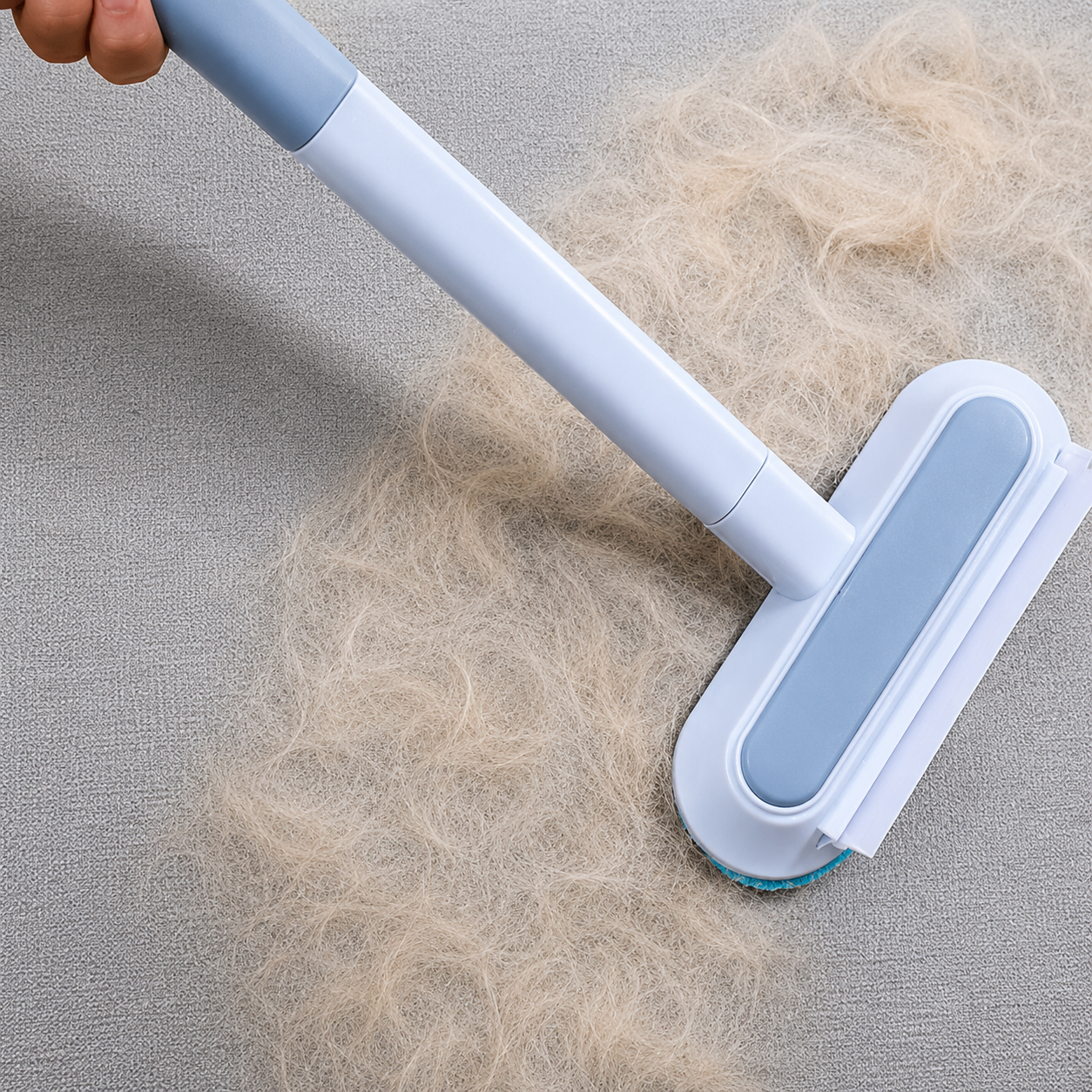brosse anti poil longue manche bleu tapis