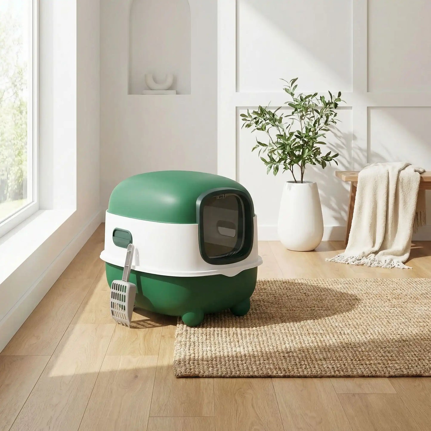 litière chat fermée verte salon fenêtre