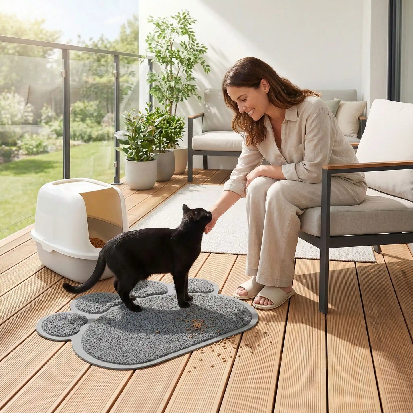 tapis litière chat gris dans balcon