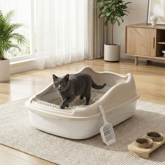 Bac à litière beige chat gris dans le salon