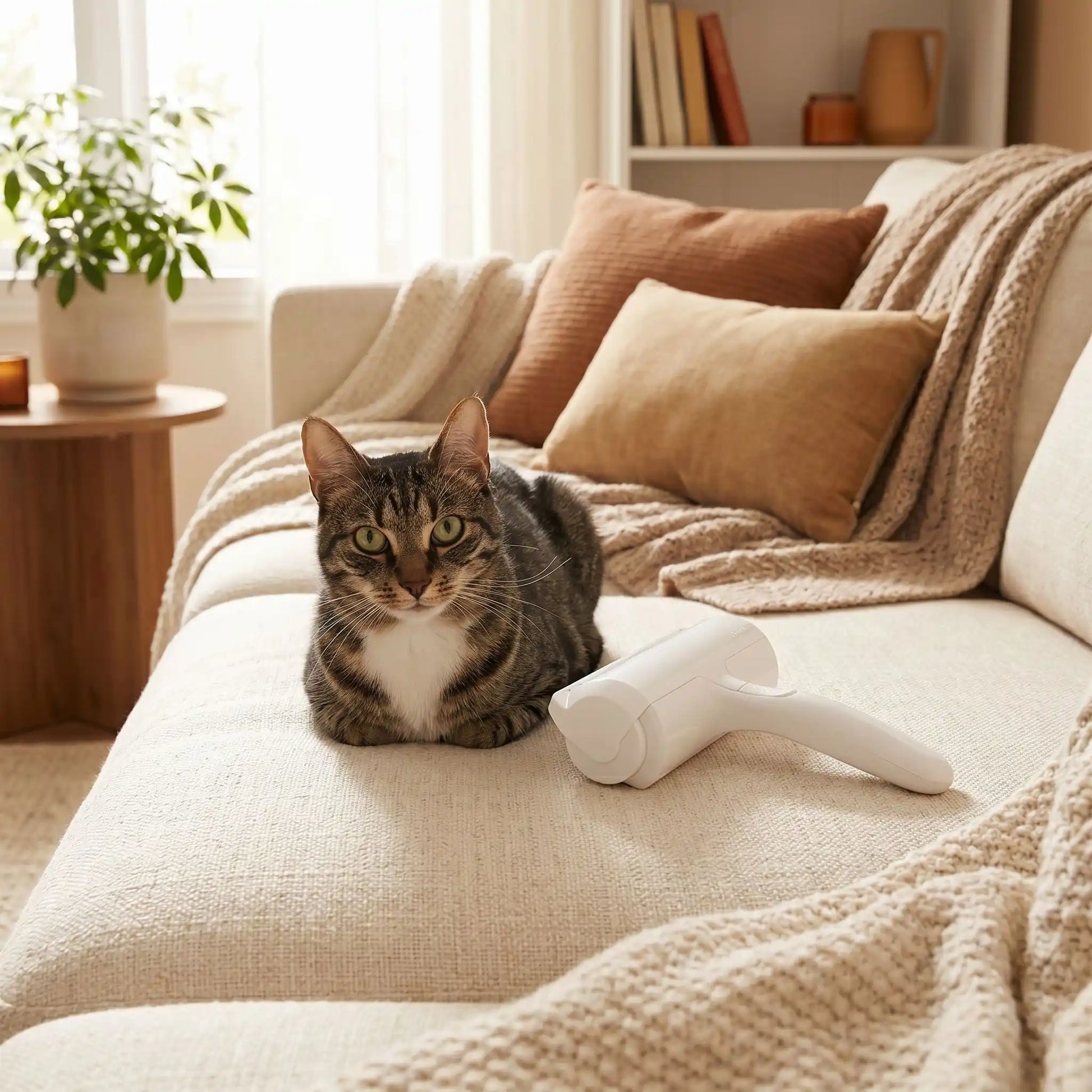 Brosse anti poil chat tigré sofa salon chaleureux