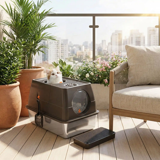 Litière chat fermée noir dans balcon