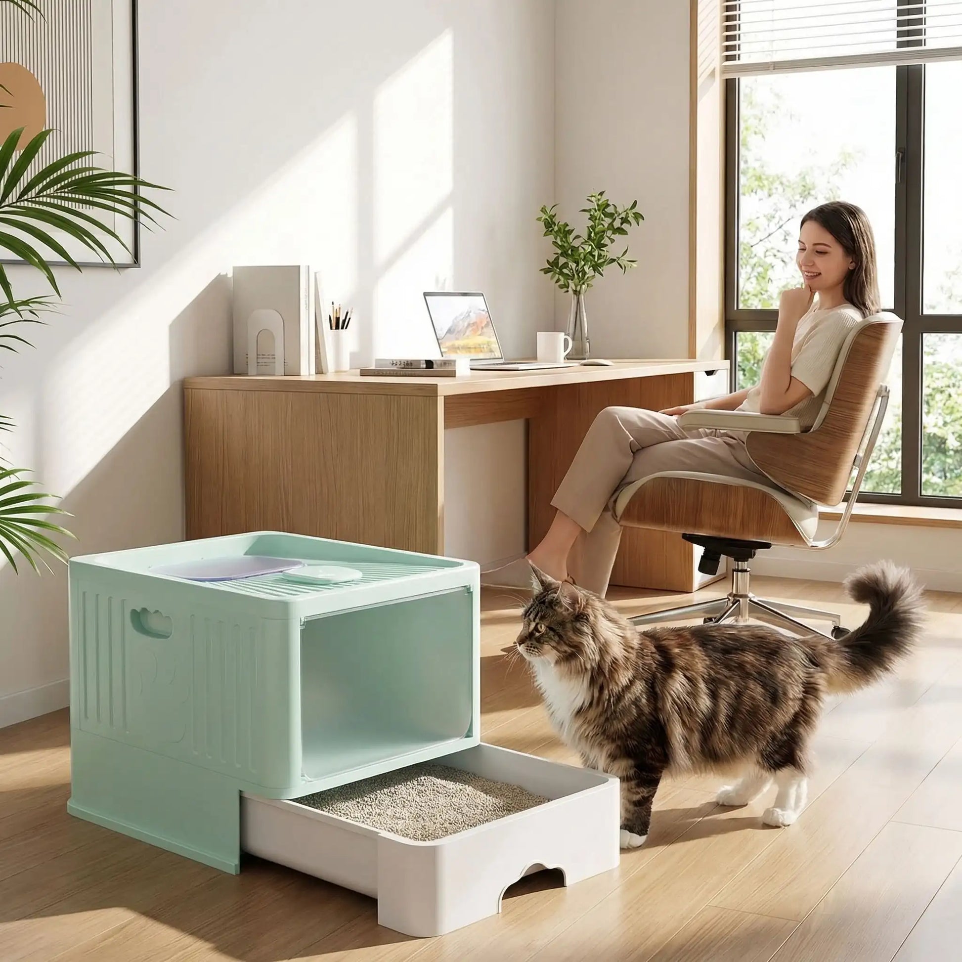 Litière pour chat fermée verte bureau