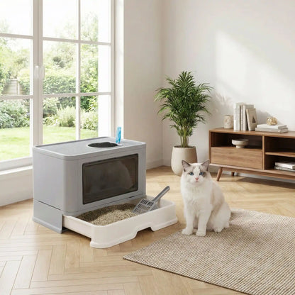 bac à litière chat avec tiroir ouvert salon