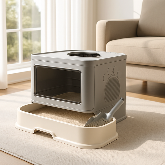 bac à litière chat avec tiroir ouvert