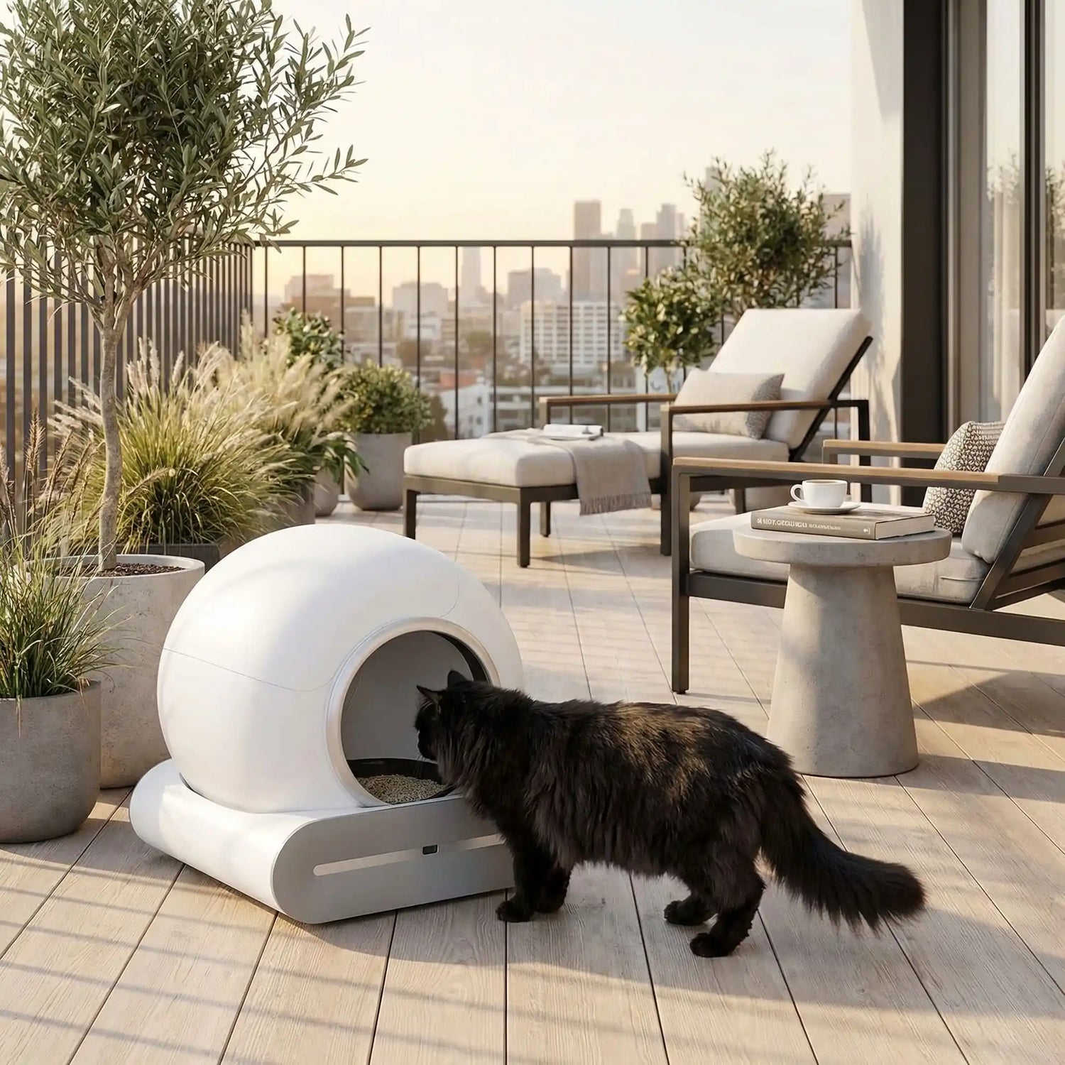 bac à litière chat balcon chat noir