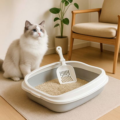 bac à litière chat gris blanc dans salon