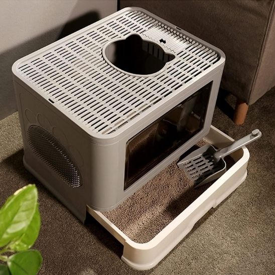 bac à litière chat gris fonce vu haut