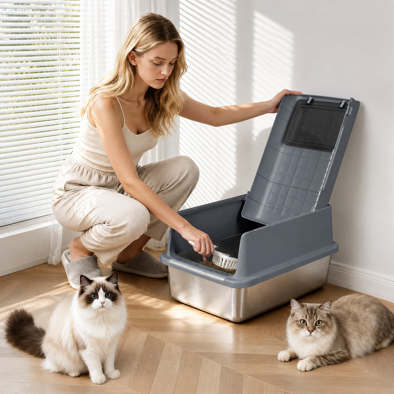 bac à litière chat inox ouverte pour nettoyer