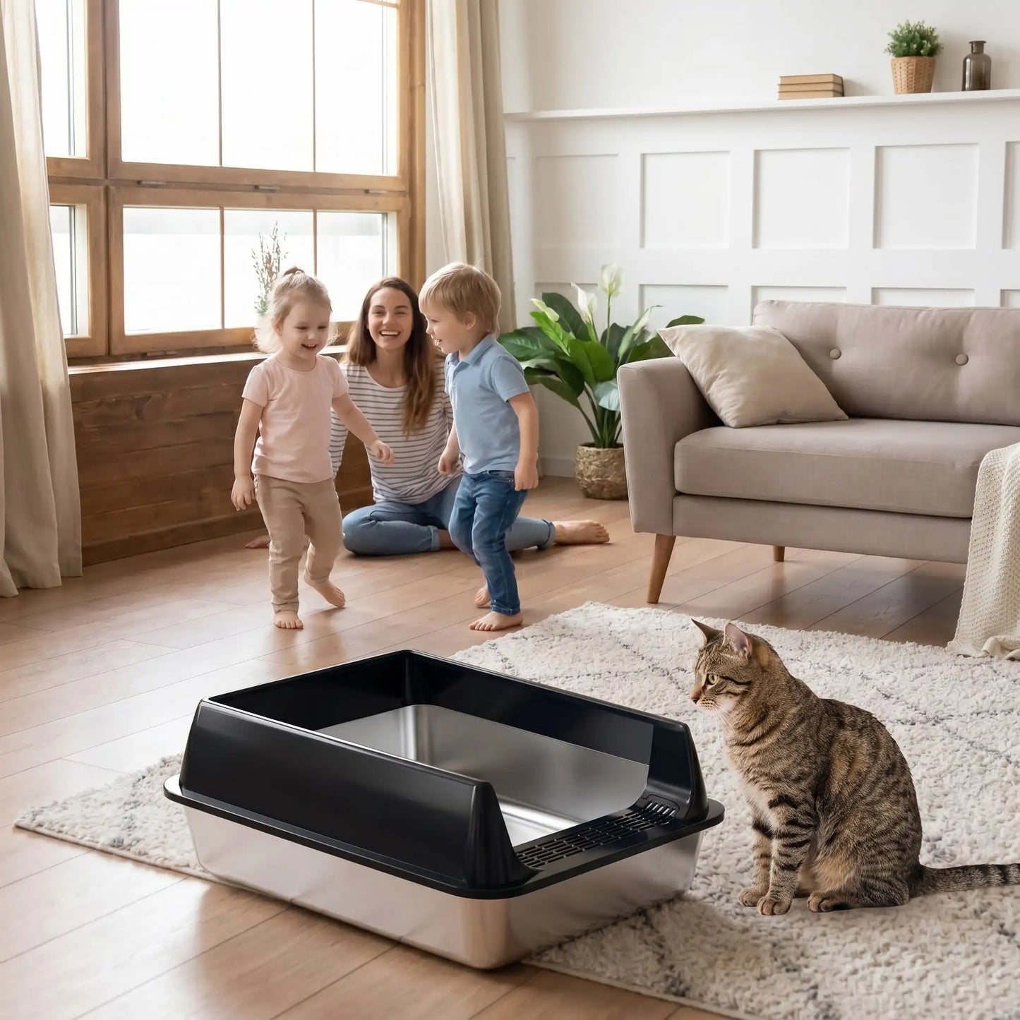 bac à litière chat inoxi noir salon maman 2 enfants chat tigre