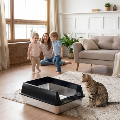 bac à litière chat inoxi noir salon maman 2 enfants chat tigre