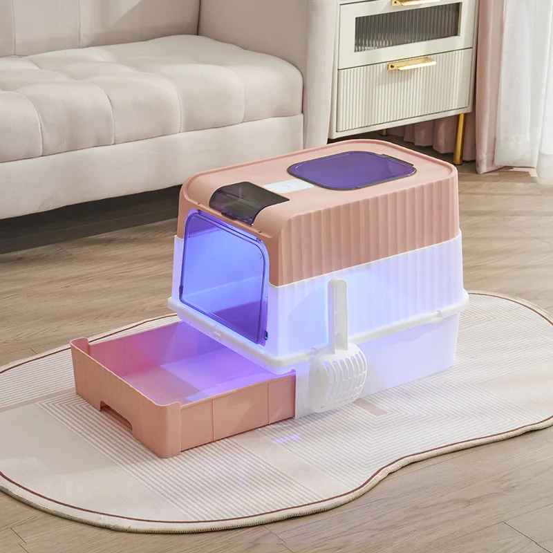 bac à litière chat rose blanc tiroir ouvert