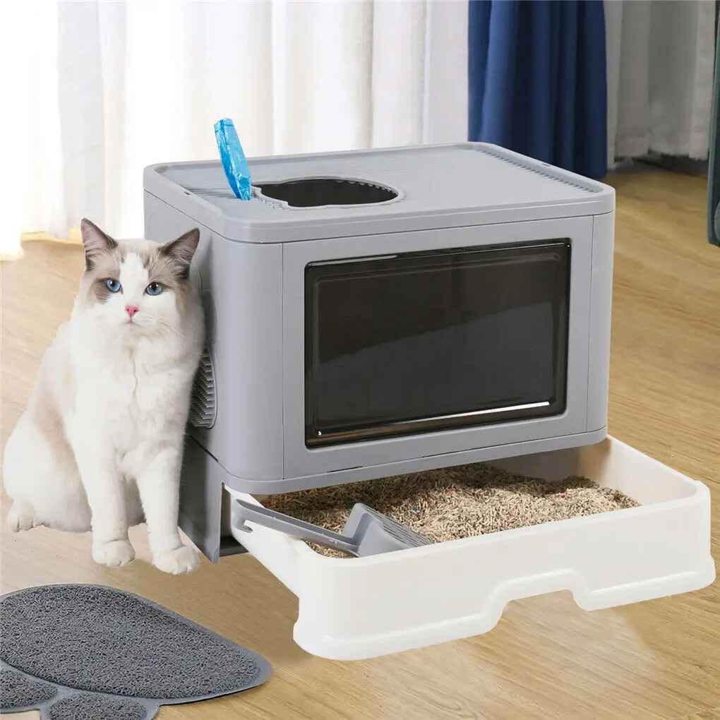 bac à litière chat tiroir ouvert chat à coté