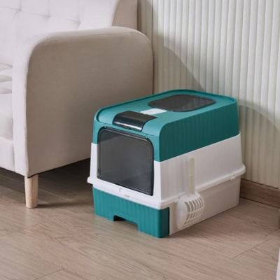 Bac à litière Chat turquoise et blanc