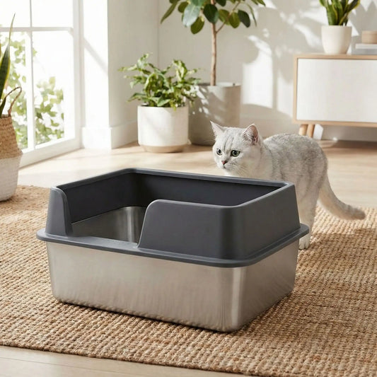 bac à litière pour chat double niveau gris chat en arrière