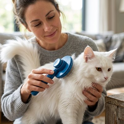brosse pour chat PoilsZen™ bleu salon chat blanc