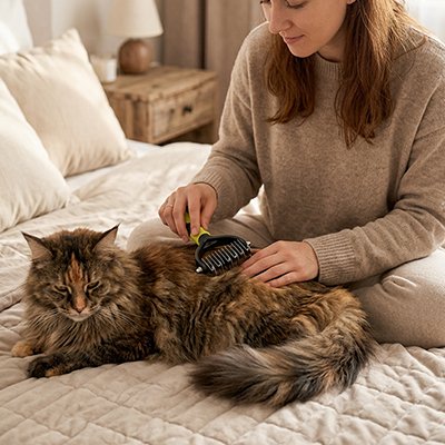 Brosse pour chat vert Anti-Poils Pro™  chat poilu marron salon 