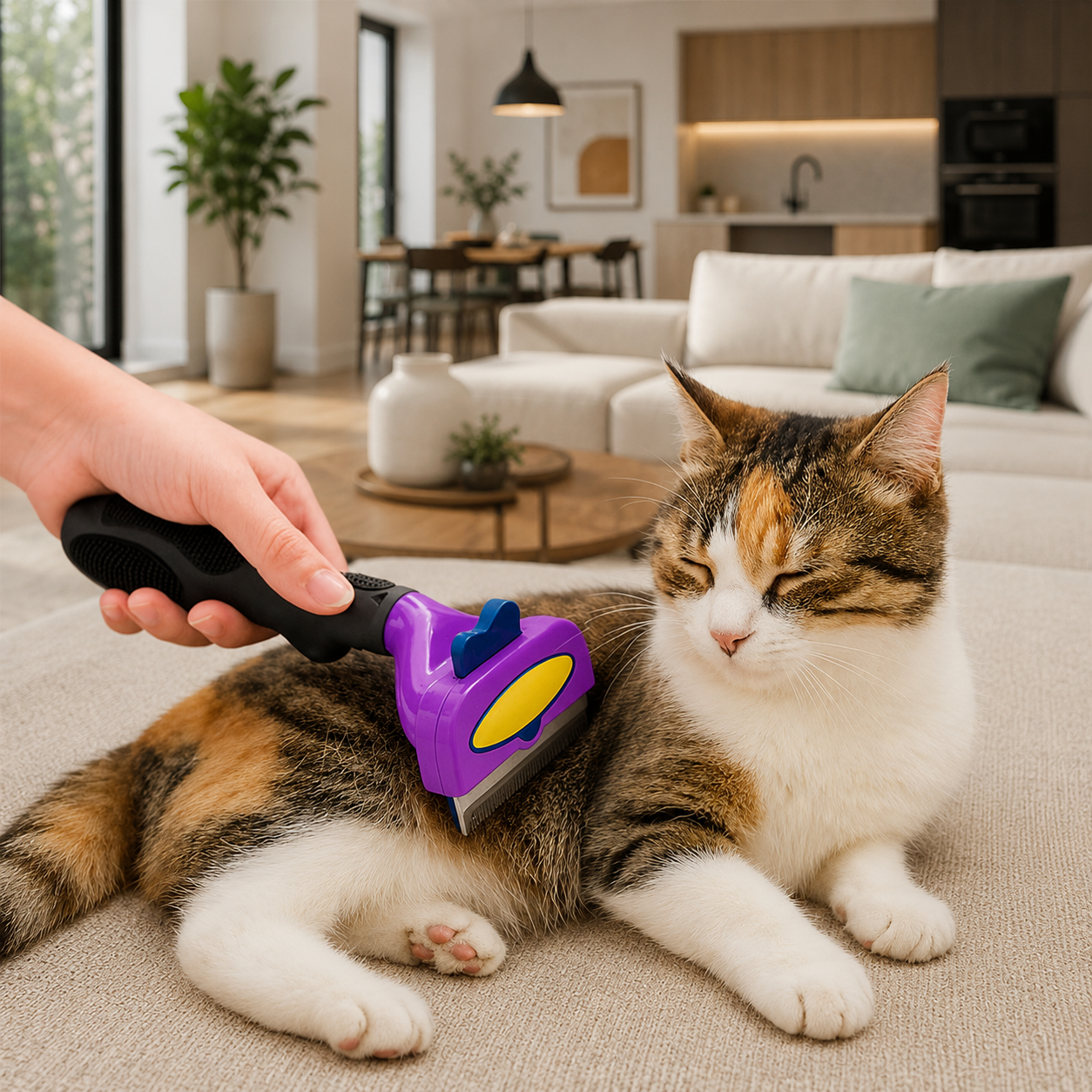 brosse pour chat violet chat tigré salon