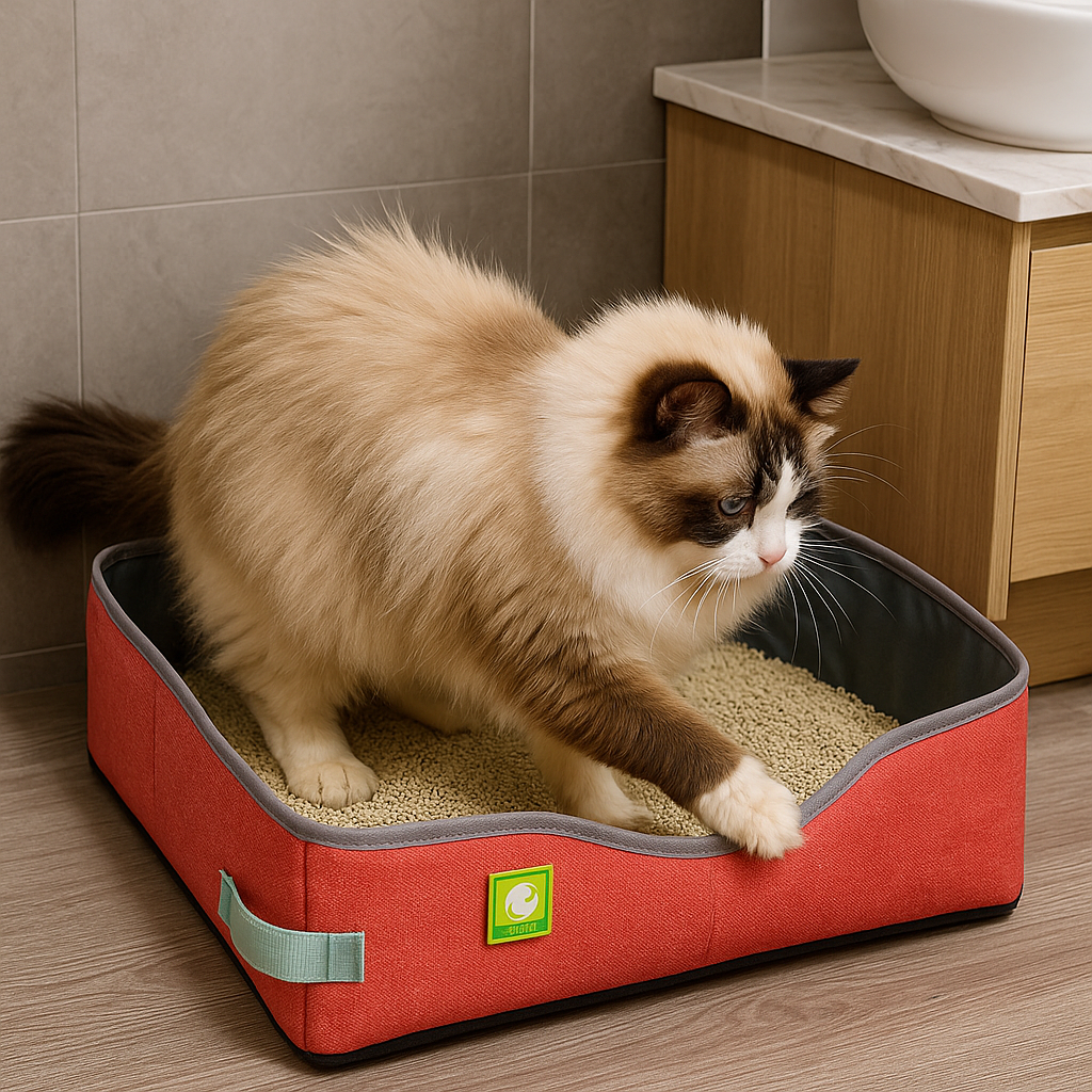 chat dans bac à litière chat rouge pliable