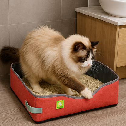 chat dans bac à litière chat rouge pliable