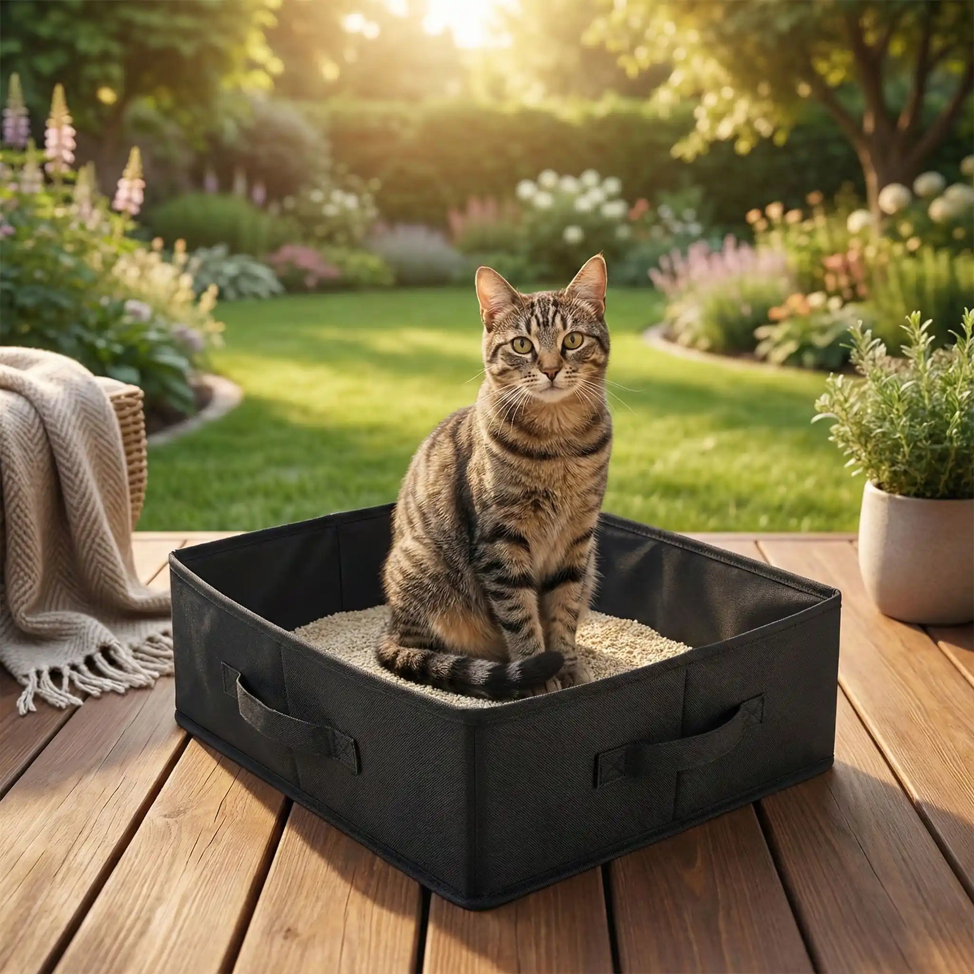 chat dans son bac à litière chat dans la cour