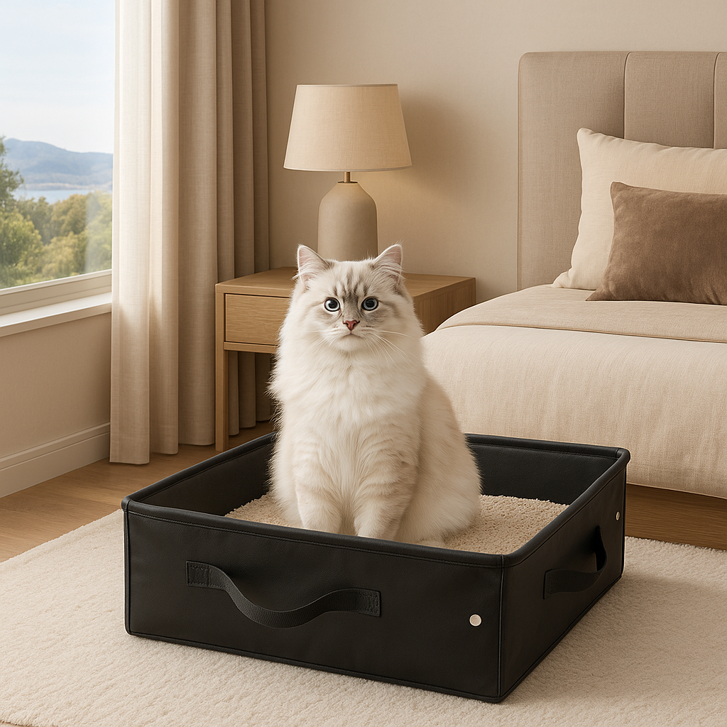 chat poilu sur son bac à litière chat chambre