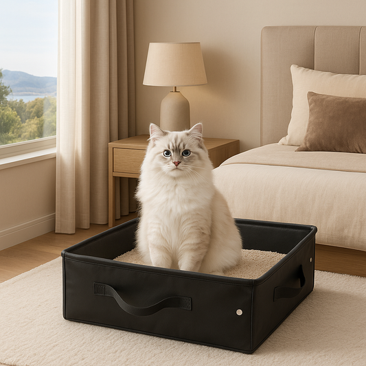 chat poilu sur son bac à litière chat chambre