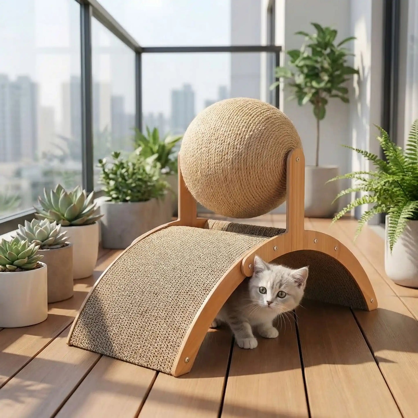 griffoir chat tunnel boule balcon chaton gris