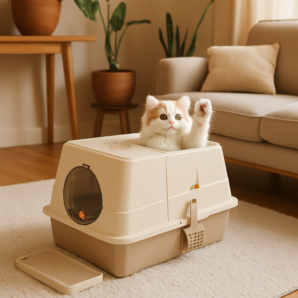 litière chat fermée dans le salon avec chat