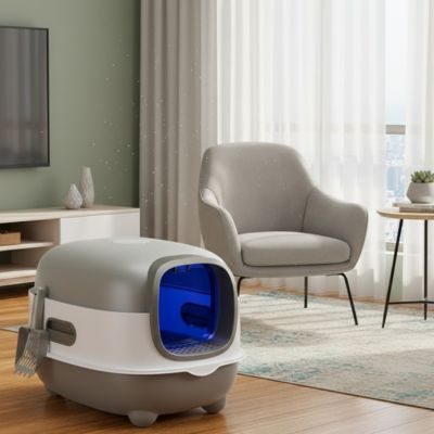 litière chat fermée gris salon