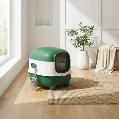 litière chat fermée verte salon fenêtre