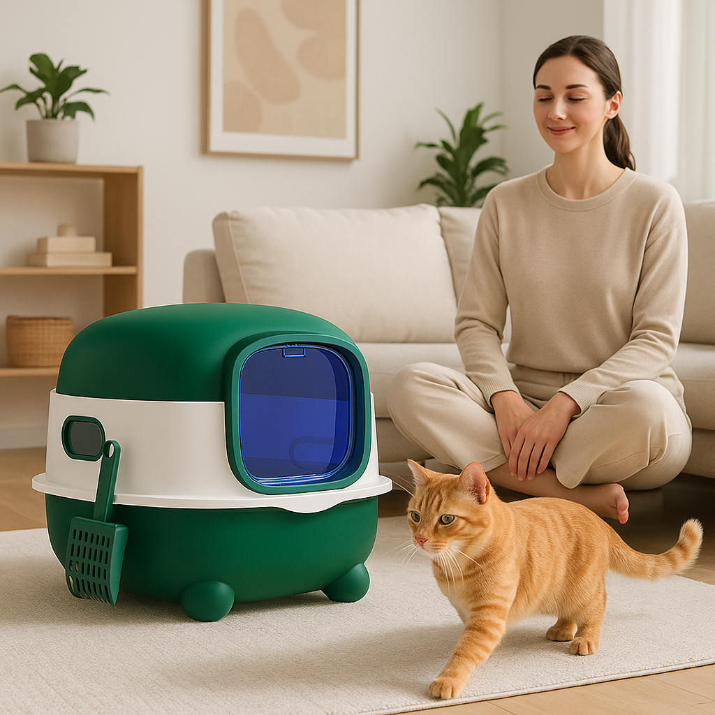litière chat fermée verte salon