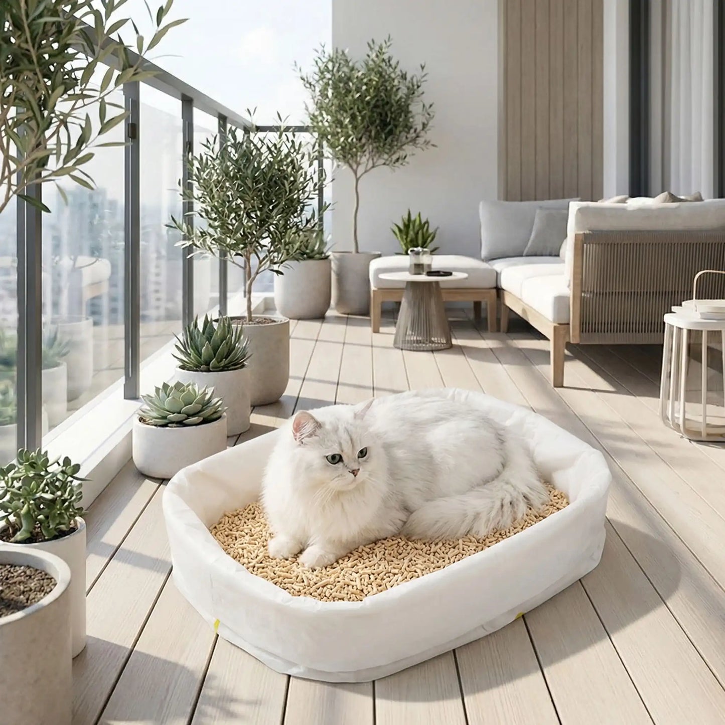 sac à litière pour chat bac à litière balcon chat blanc