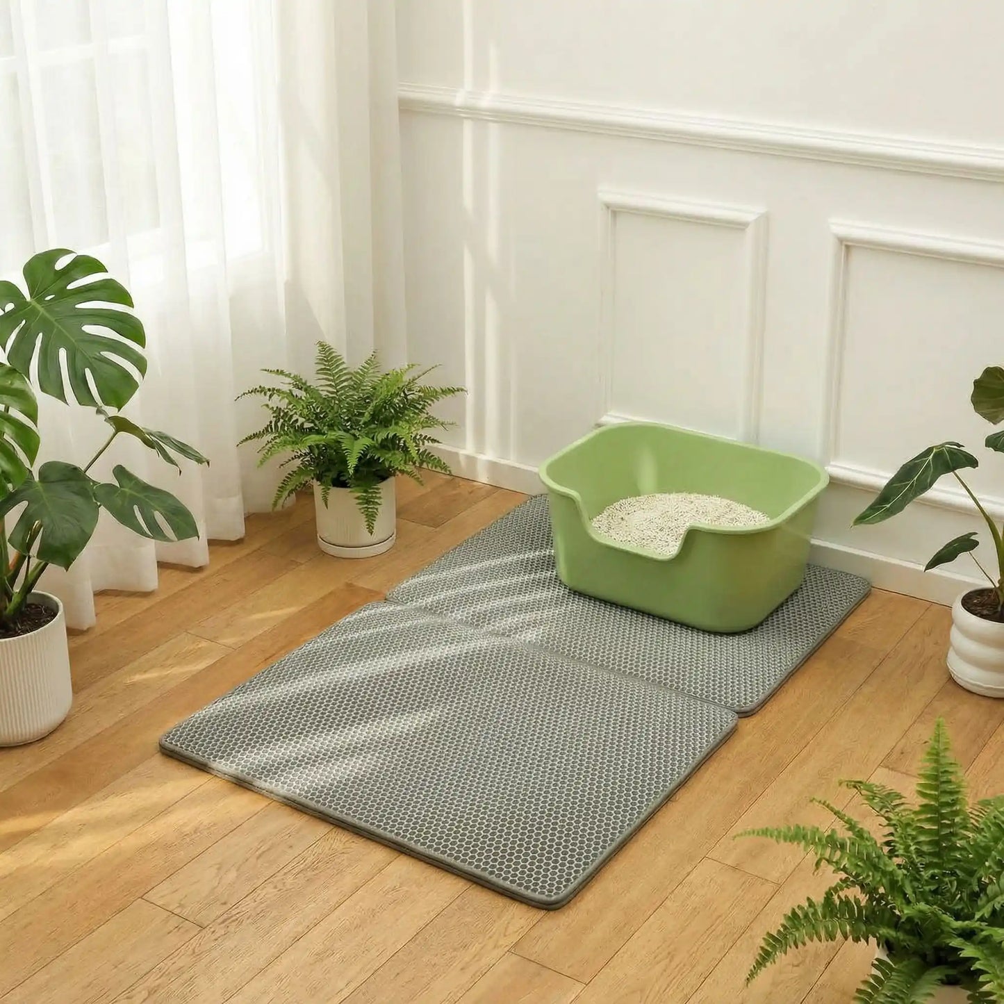 tapis chat litière gris avec litière verte