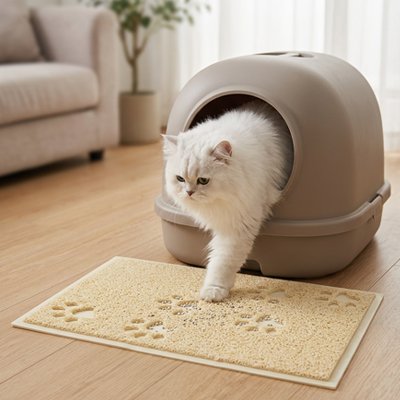 tapis litière chat beige stop grains chat blanc poilu
