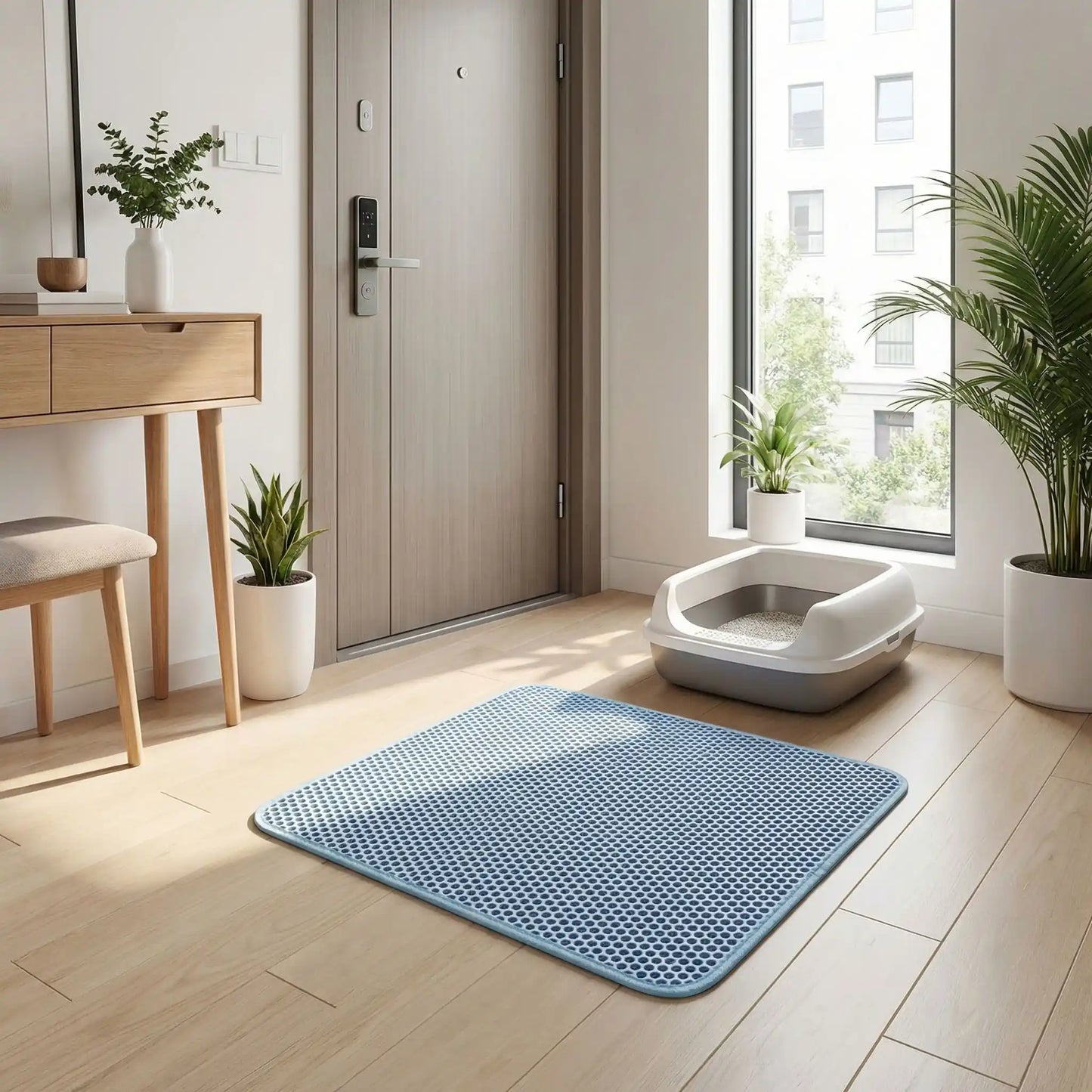 tapis litière chat bleu fenêtre