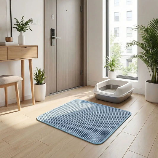 tapis litière chat bleu fenêtre