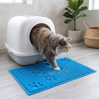 tapis litière chat bleu stop grains chat poilu