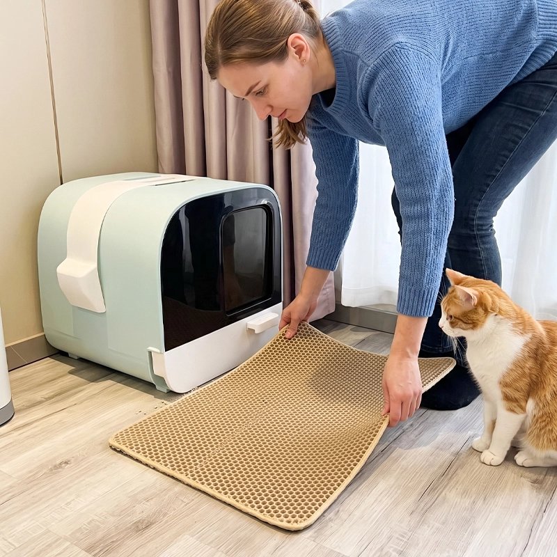 Tapis litière Chat jaune femme et chat