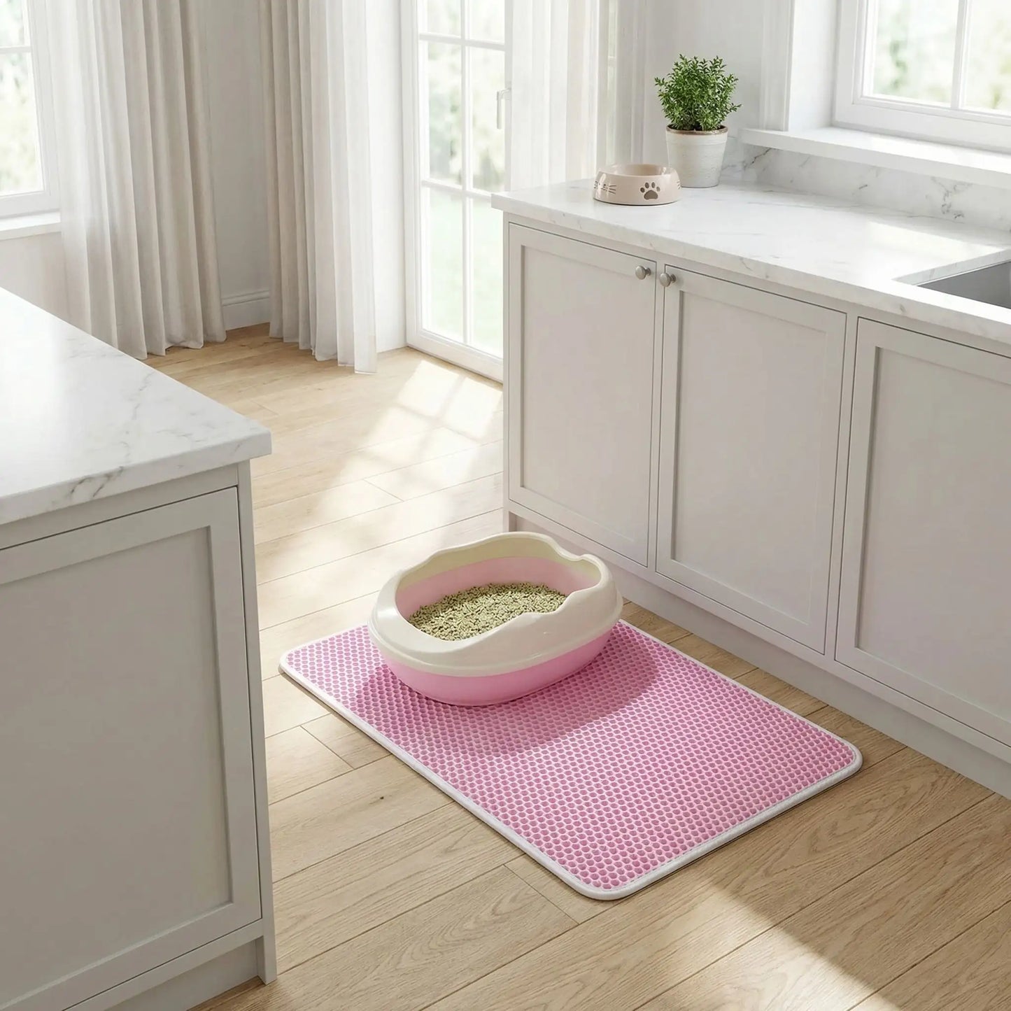 tapis litière chat rose cuisine