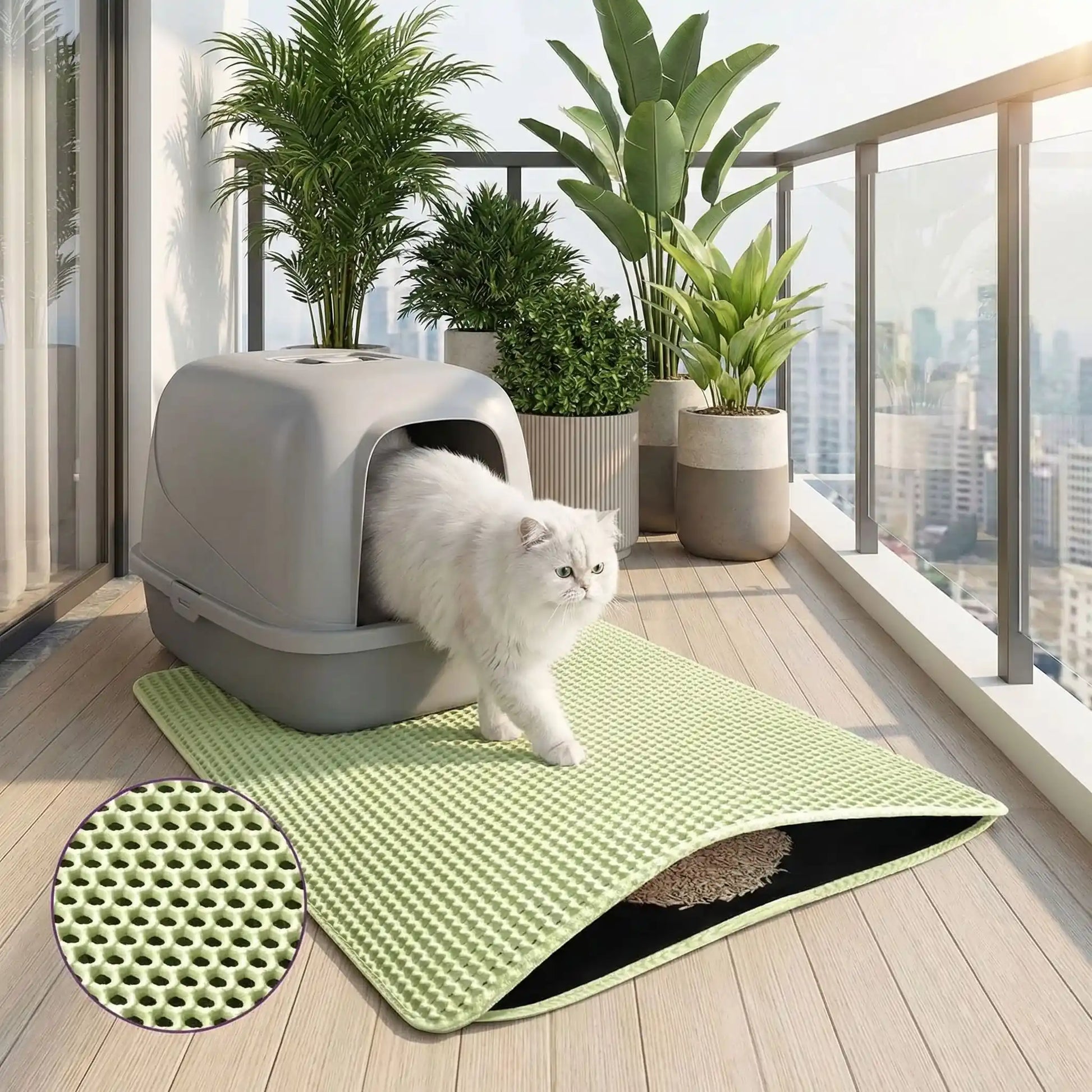 tapis litière chat vert balcon