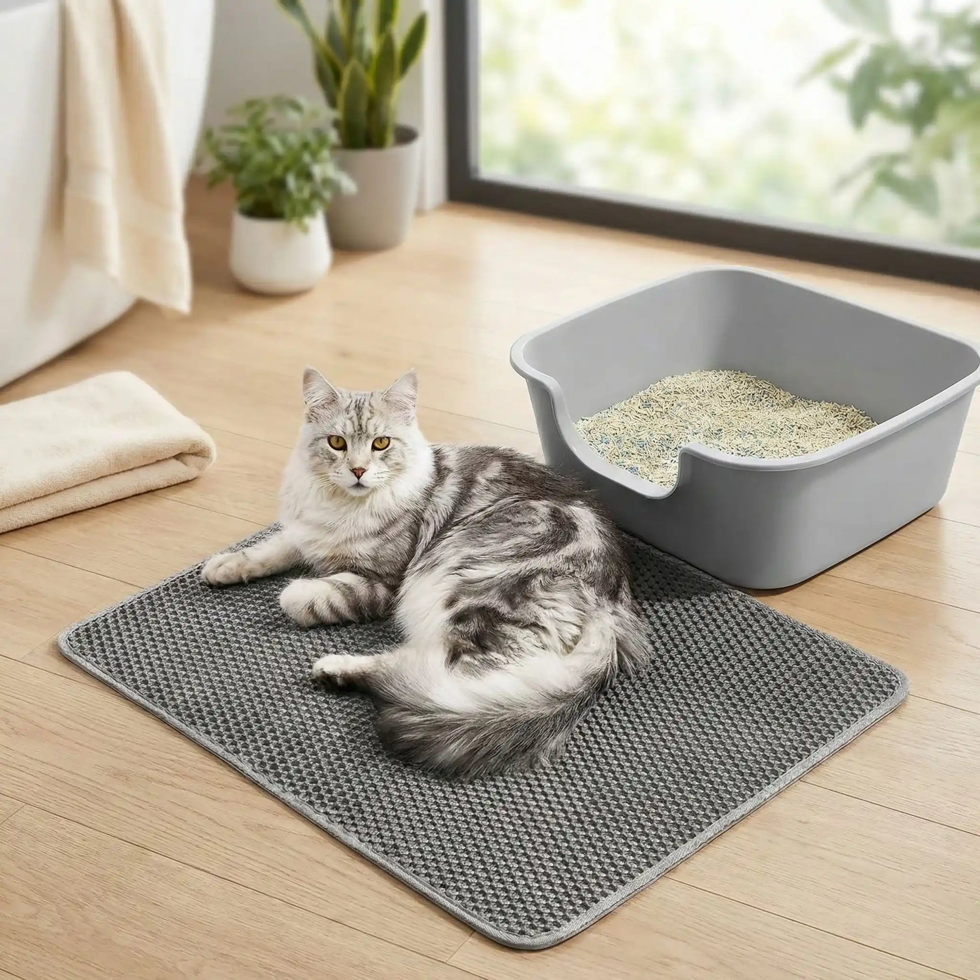 tapis litière pour chat salon chat gris